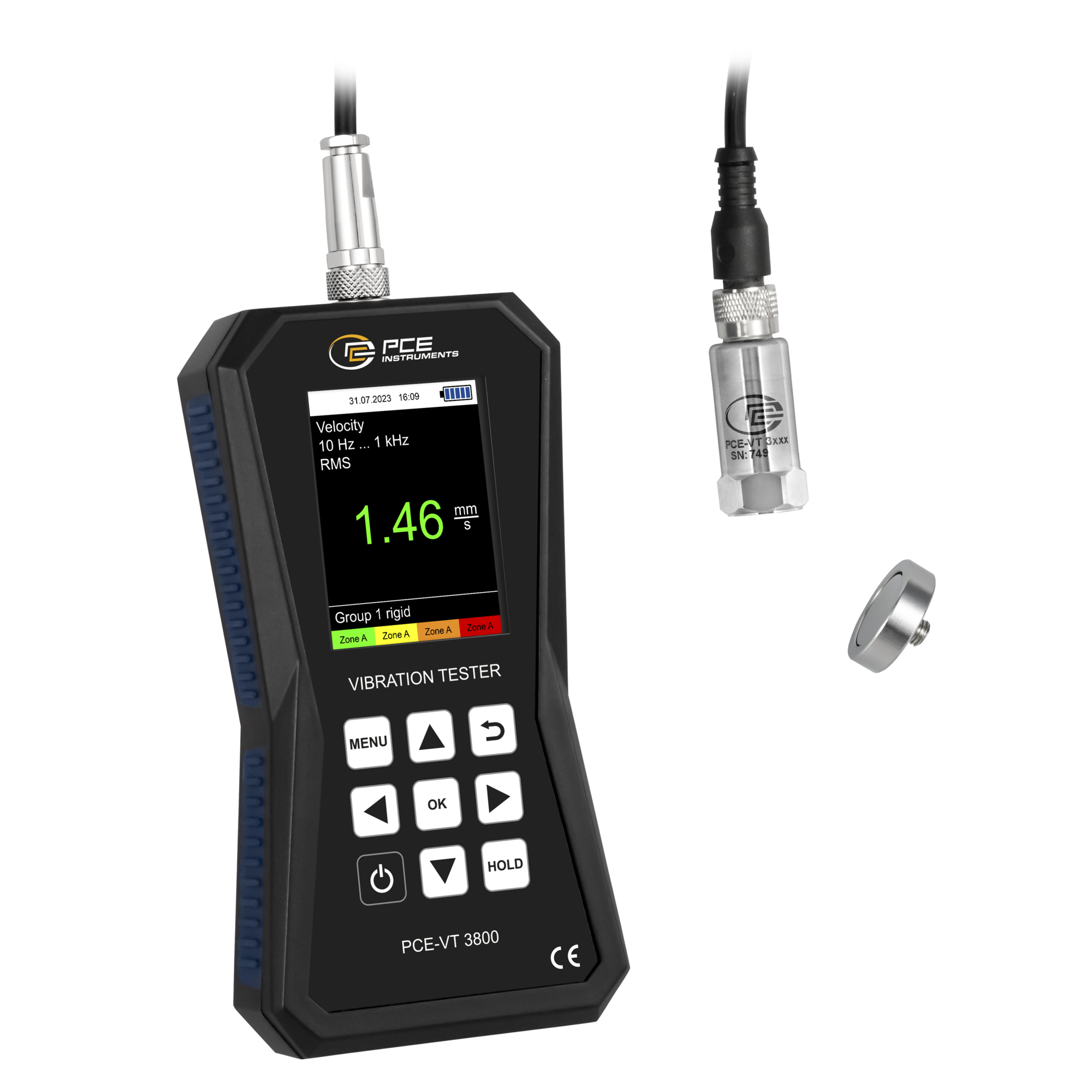 PCE Vibration Meter — External Sensor, Measures Vibration Displacement Up to 3.9, Model# PCE-VT 3800
